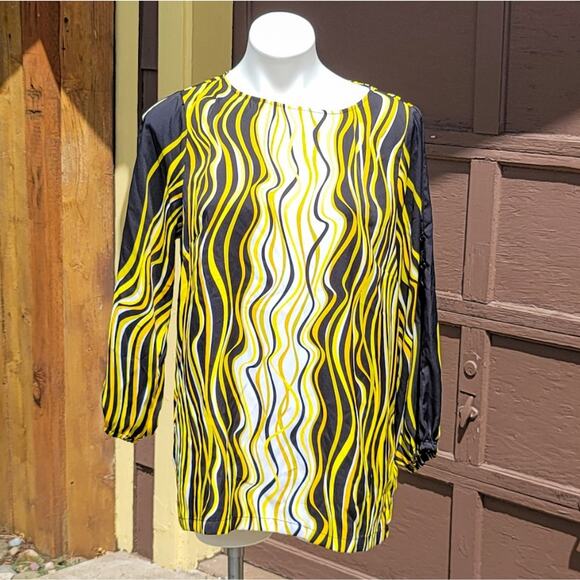 VINTAGE Bob Mackie Wearable Art squiggly lines cold shoulder tunic size M - Picture 2 of 7